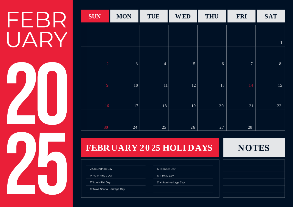 Free February 2025 Calendar with Canada Holidays Template